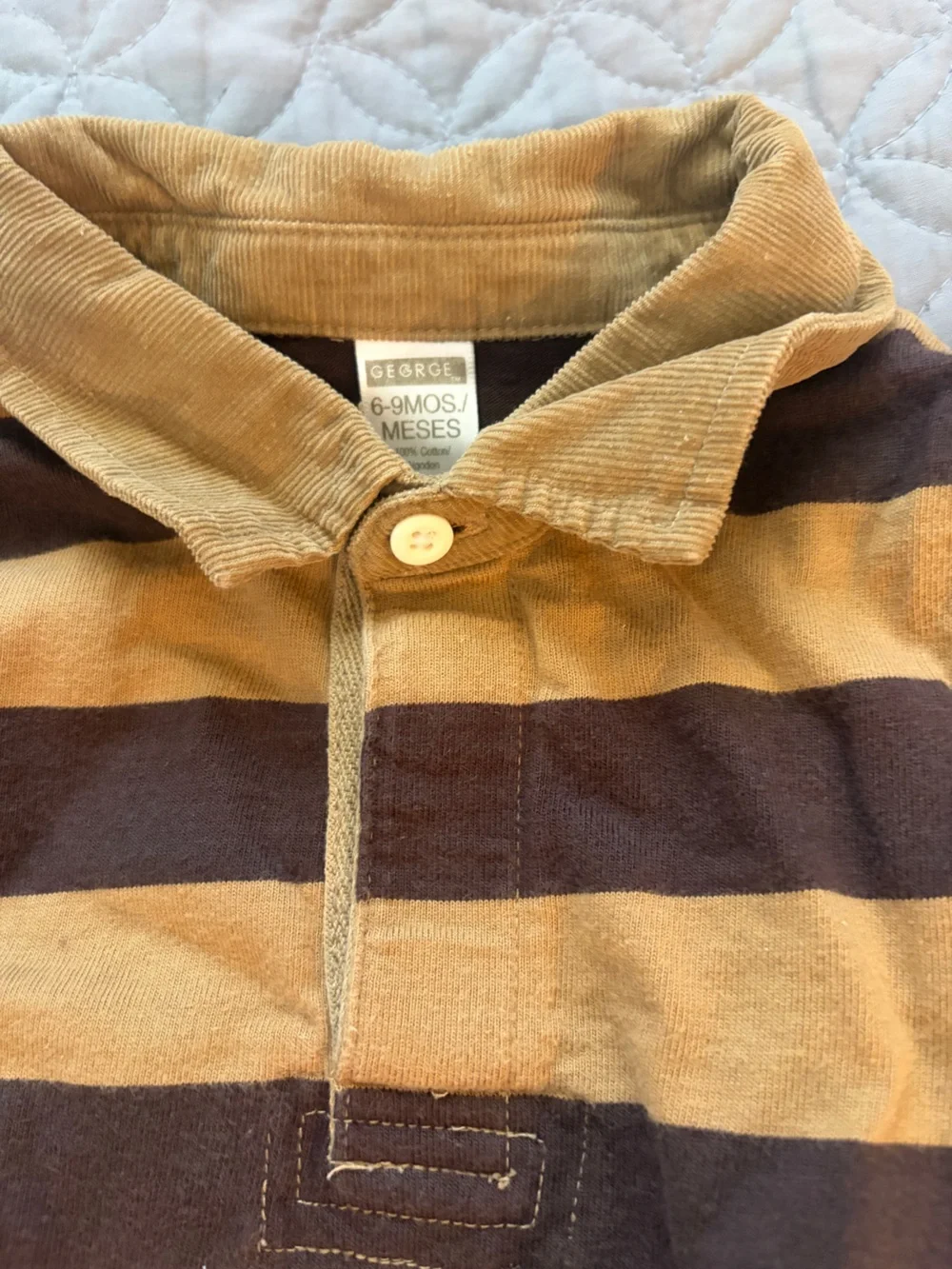 George Baby Boy 9m Striped Long Sleeve Polo Bodysuit - Brown & Tan